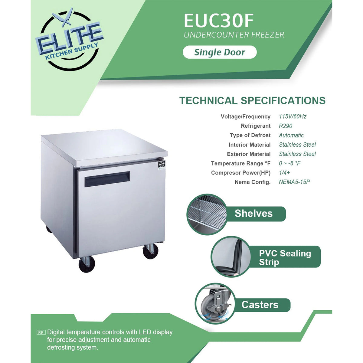 29 in. Worktop/Undercounter Freezer 7 Cu.Ft. Commercial Freezer in Stainless Steel, NSF Certified