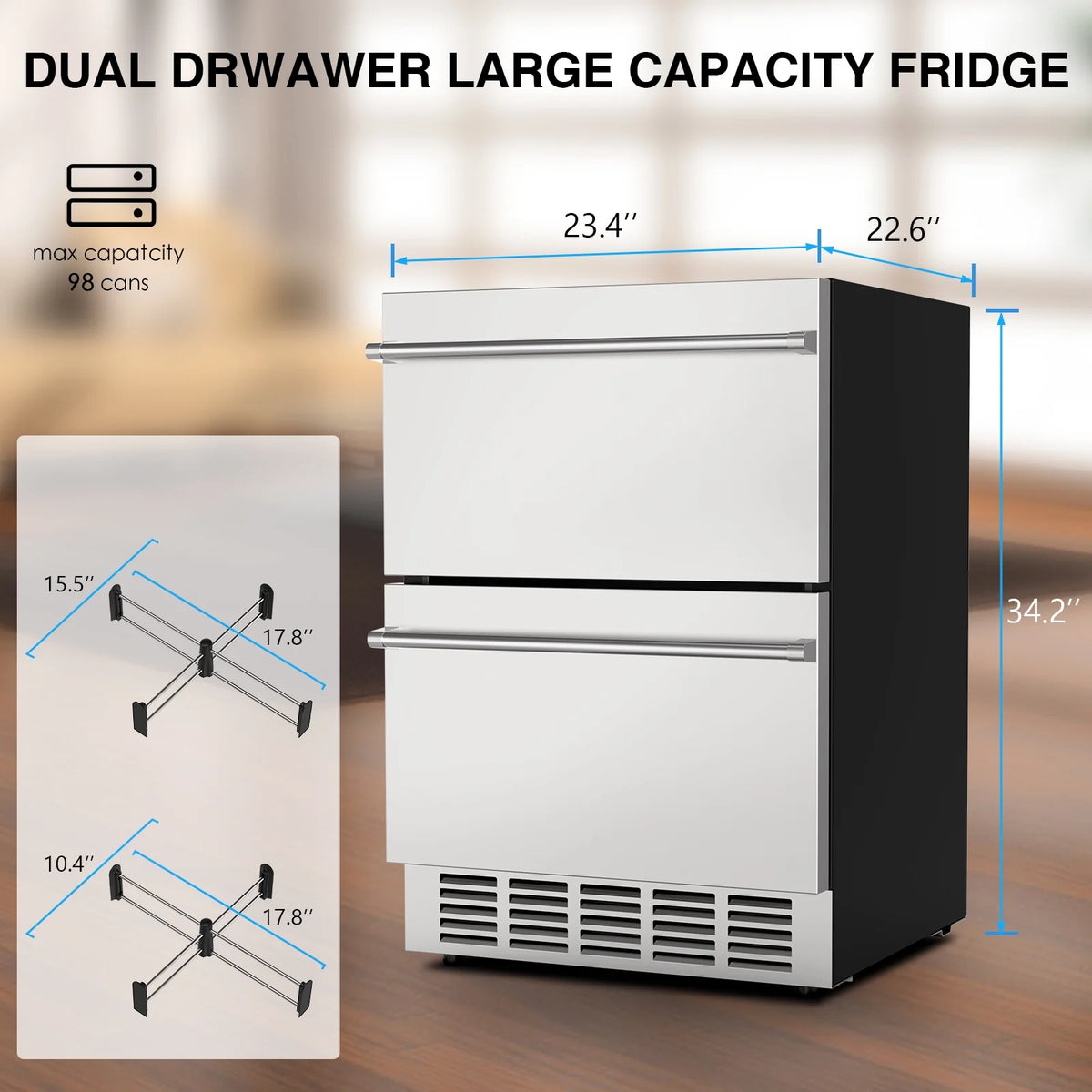 QAUSOU 24 Inch Under Counter Double Drawer Fridge, Weather Proof Stainless Steel Outdoor Beverage Refrigerator for Patio