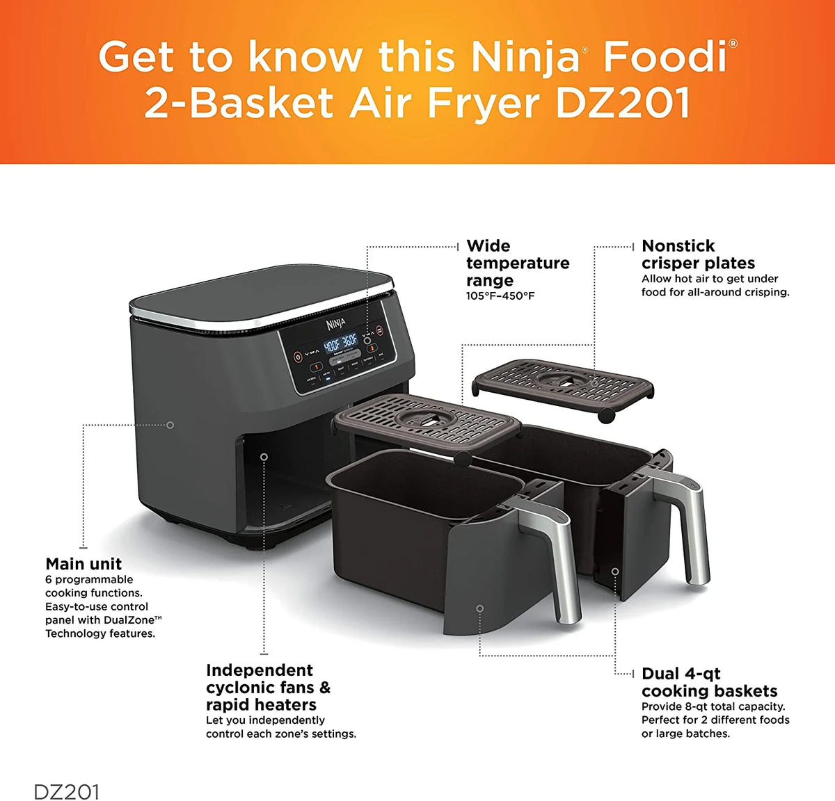Restored Ninja DZ201 Foodi 6-in-1 2-Basket Air Fryer with DualZone Technology, 8-Quart Capacity, and a Dark Grey Stainless Finish (Refurbished)