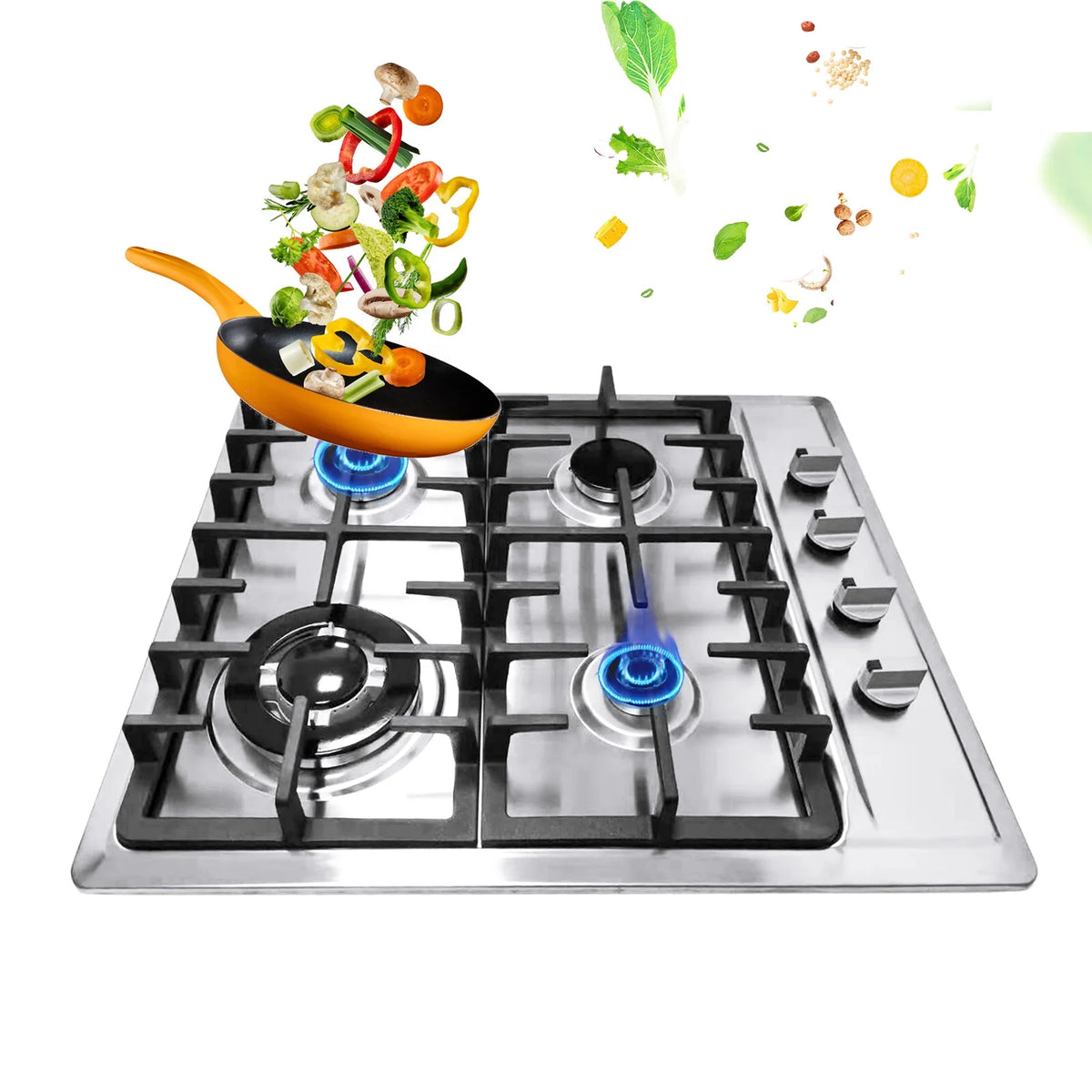 Stainless Steel 4-Burner Gas Stove, 3.0KW+1.75KW+1.0KW, Built-In Cooktop with Rotary Switch for Homes, Restaurants