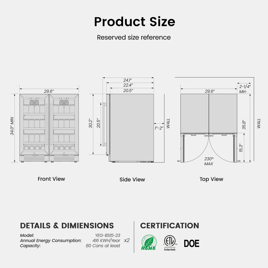 Yeego 30" Wine and Beverage Refrigerator,Two 15" Wine and Beverage Cooler Under Counter or Freestanding, Hold 33 Bottles and 80 Cans(Two Pack)