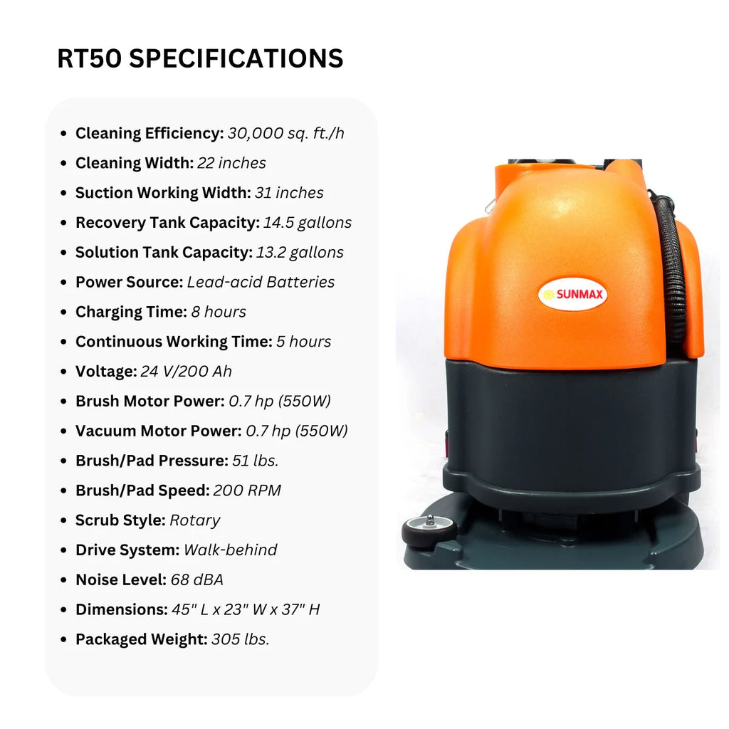 RT50 Battery Powered Walk-Behind Floor Scrubber, 22" Brush Cleaning Path, 30000 Sqft/h Efficiency