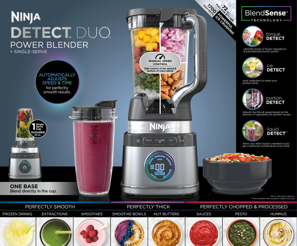 Ninja Detect Duo Power Blender + Personal Single-Serve, BlendSense Technology, Kitchen Countertop, 1700 Watts, 72 oz Pitcher, 24 oz Cup, TB300 Silver
