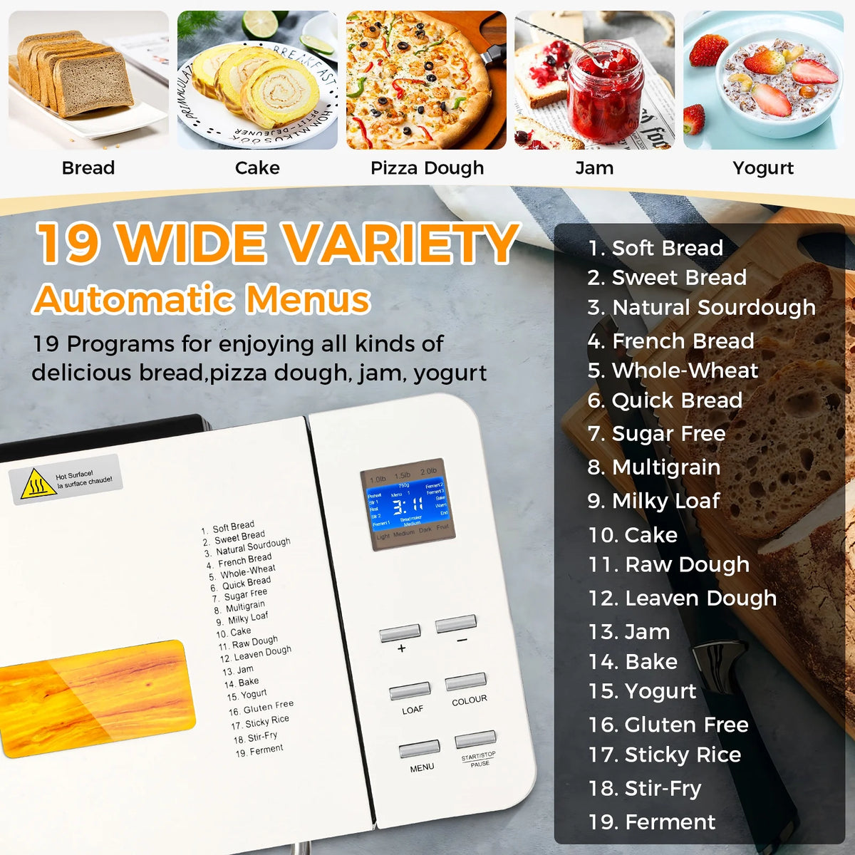 KBS 19-in-1 2LB Bread Maker Machine with Dual Heaters& Auto Nut Dispenser,Ceramic Pan with 2 kneading paddle,15 Hour delay timer&1 hour keep warm Model#013A
