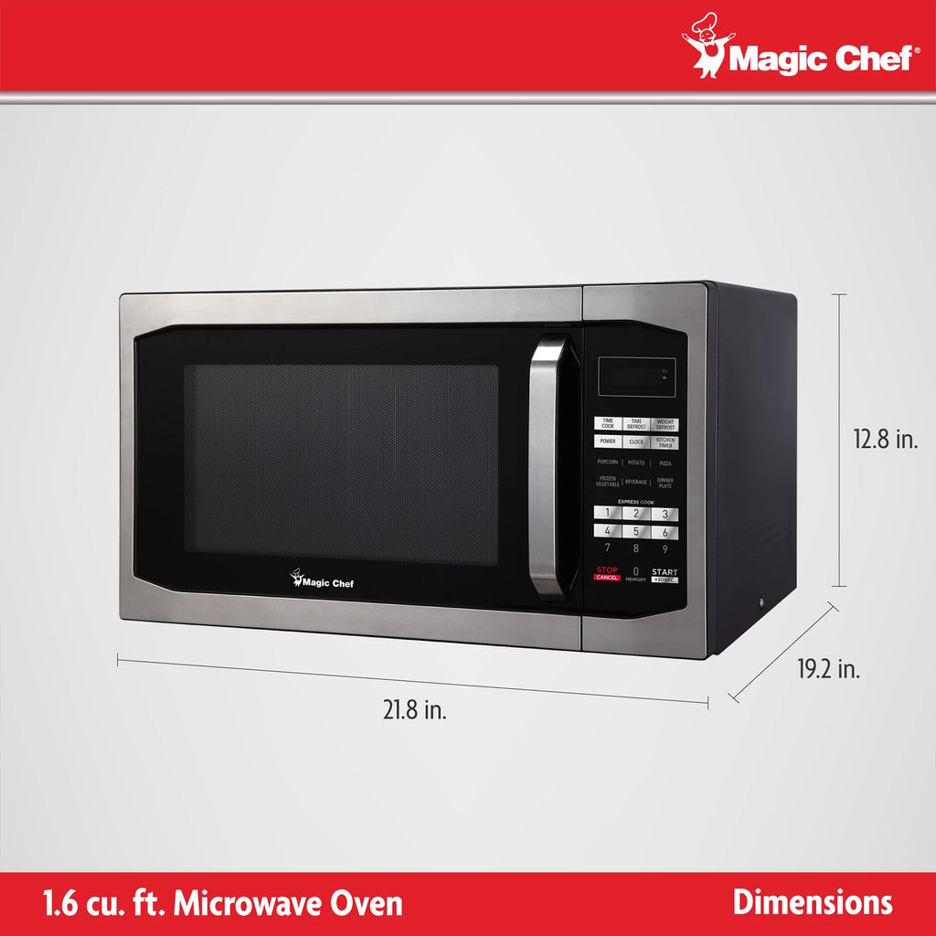 Magic Chef 1.6 Cu. ft. 1100W Countertop Microwave Oven with Push-Button Door in Black, New