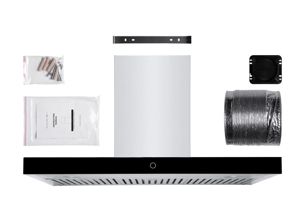 Hauslane Chef Series WM-739 30-inch Wall Mount Range Hood | T-Style with Black Glass Panel | 3 Speed, Professional Suction, Touch Control, Baffle Filters | Vented or Ductless