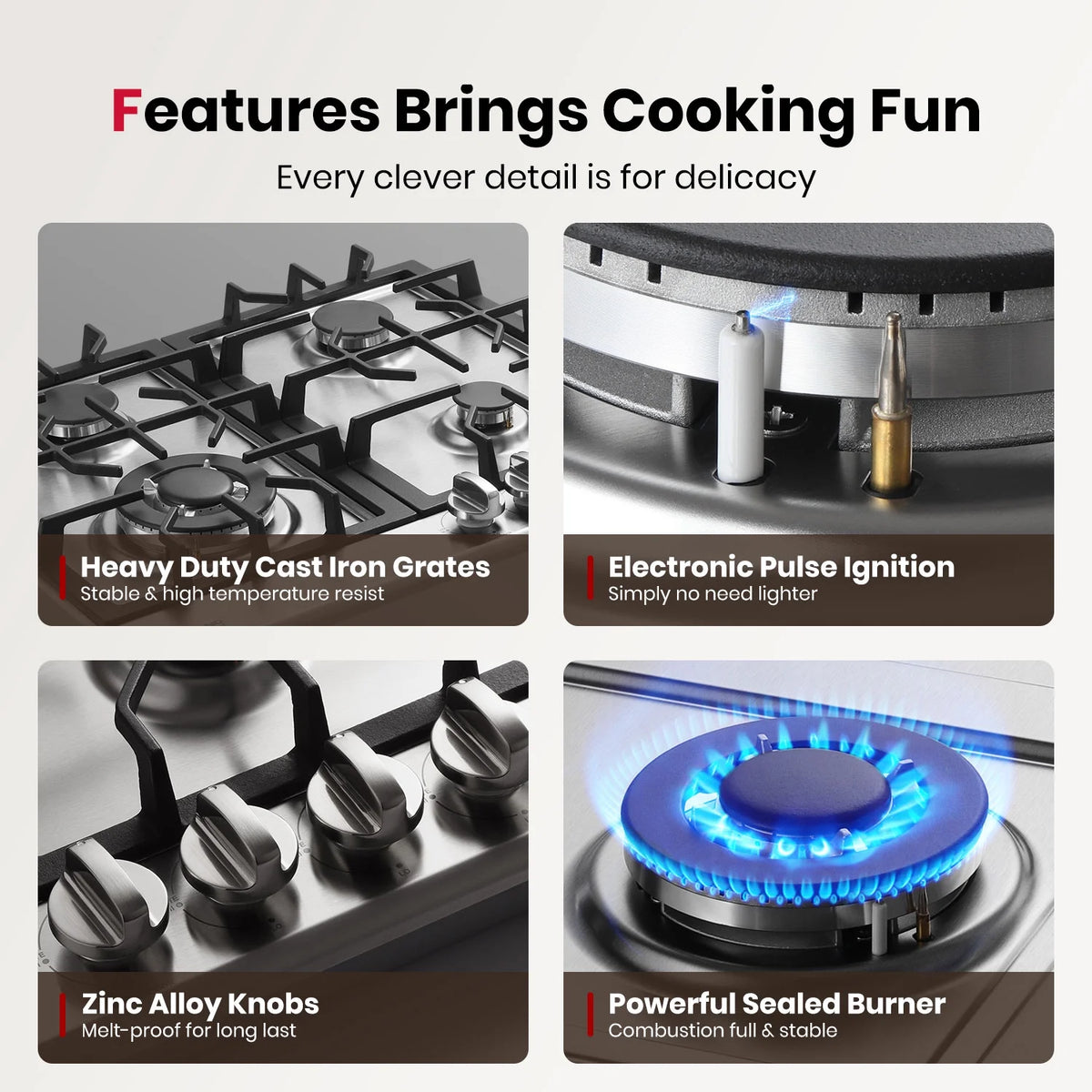 GASLAND GH60EF 24" Built-in Gas Stove Top, Black Ename Gas Cooktop with Griddle, 4 Sealed Burners, ETL