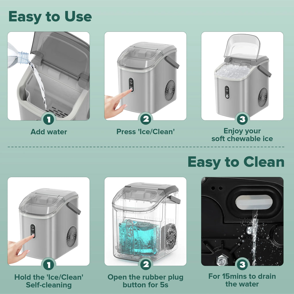 KISSAIR Nugget Ice Maker Countertop with Soft Chewable Pellet Ice, Portable Ice Machine with Handle, 35lbs/24H, Grey