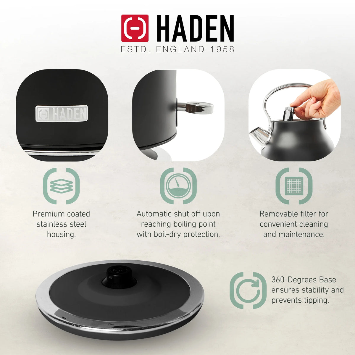 Haden Coffee Maker & Heritage 1.7 Liter Electric Kettle, Black & Chrome