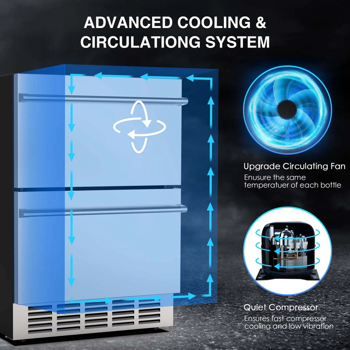 QAUSOU 24 Inch Under Counter Double Drawer Fridge, Weather Proof Stainless Steel Outdoor Beverage Refrigerator for Patio