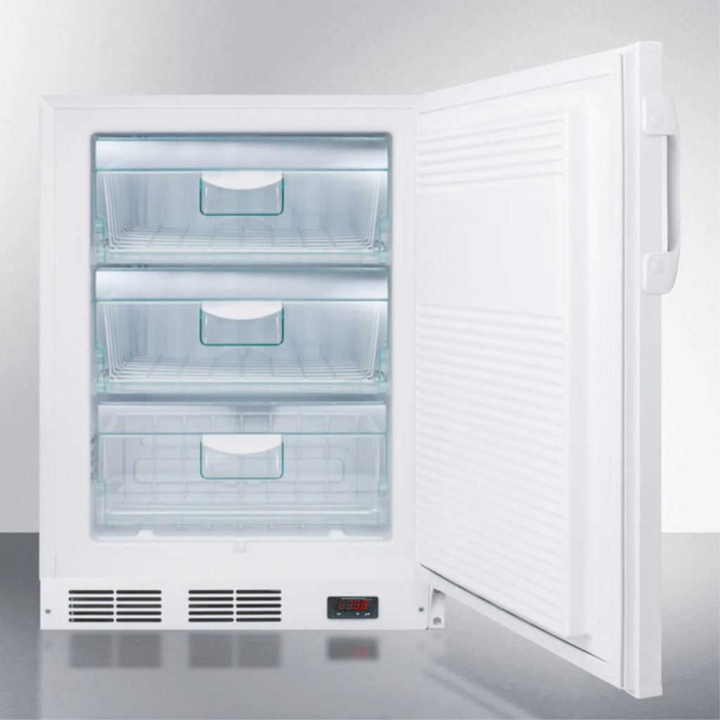 ADA compliant built-in undercounter vaccine all-freezer with digital thermostat, temperature alarm, hospital grade cord, self-closing door, and front lock