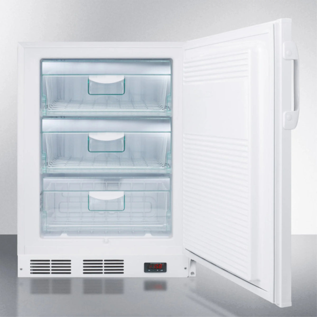 ADA compliant built-in undercounter vaccine all-freezer with digital thermostat, temperature alarm, hospital grade cord, self-closing door, and front lock