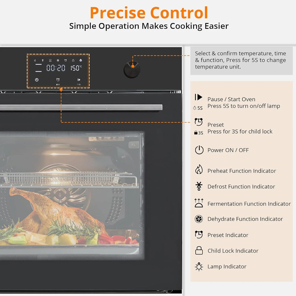 HELLONE 24" Single Wall Oven, Built-in Electric Ovens with 11 Cooking Modes, 3000W, 240V, 2.5 CF Convection Built-in Oven, Stainless Steel, Touch Control, Timer, Safety Lock