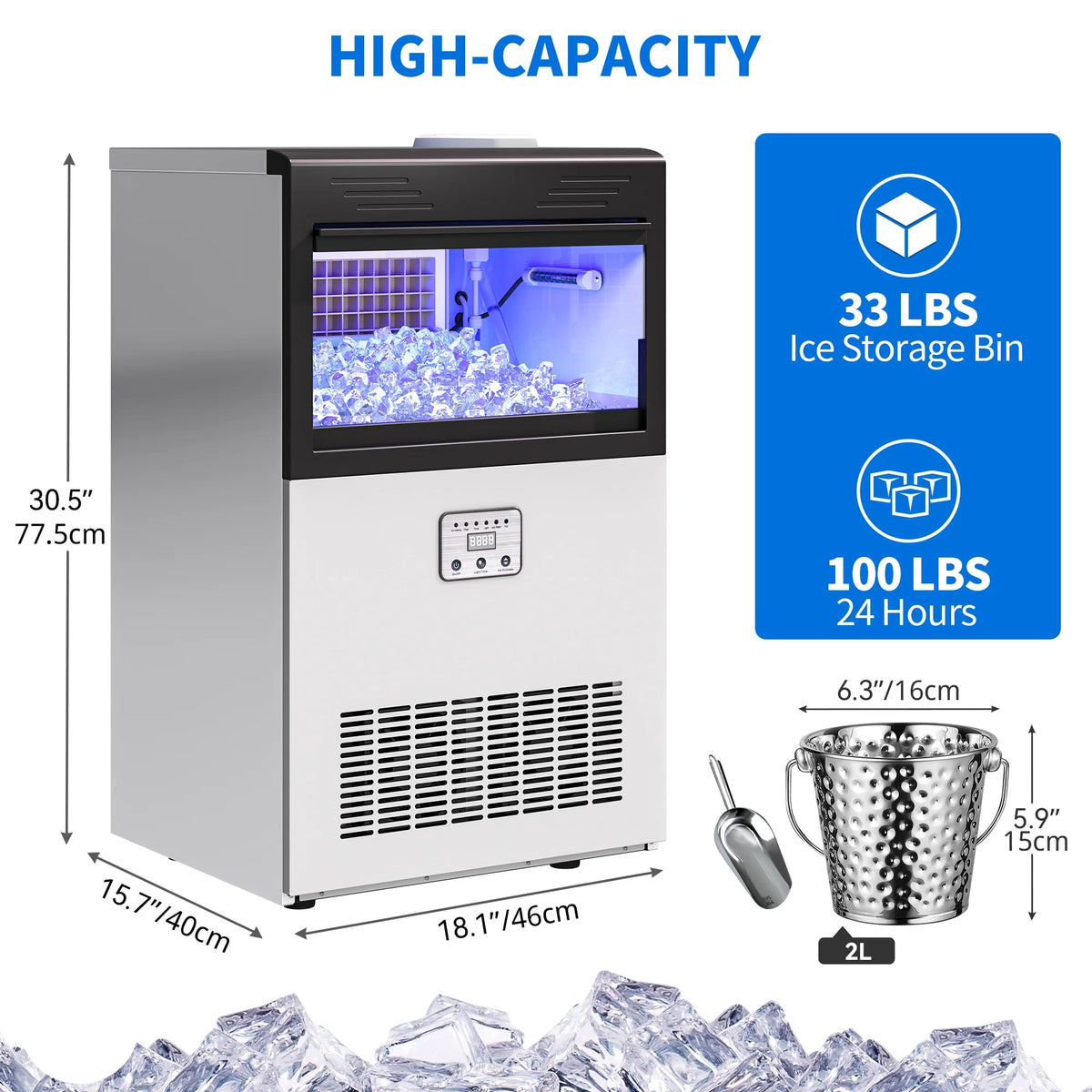 Dextrus 100LBS Capacity Freestanding Commercial Ice Maker, Stainless Steel