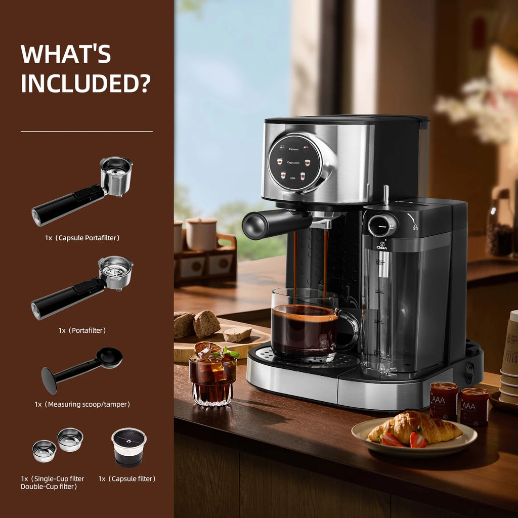 Auseo 20 Bar Espresso Machines, Espresso Coffee Maker with Milk Frother Steam Wand, Ground Coffee & Capsules, Black and Stainless Finish, Espresso/Cappuccino/Latte/Mocha for Home