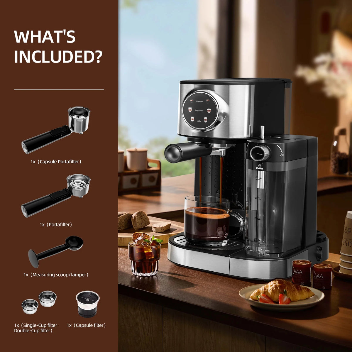 Auseo 20 Bar Espresso Machines, Espresso Coffee Maker with Milk Frother Steam Wand, Ground Coffee & Capsules, Black and Stainless Finish, Espresso/Cappuccino/Latte/Mocha for Home