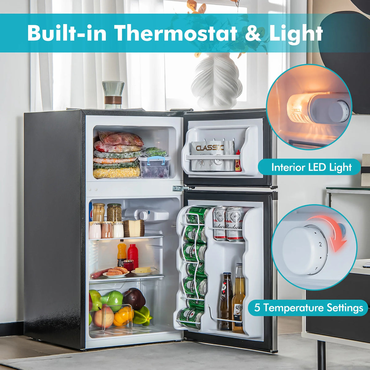 Costway FP10226US-SL Mini Refrigerator with Freezer Compact, Black and Silver, 19'' x 18'' x 33''