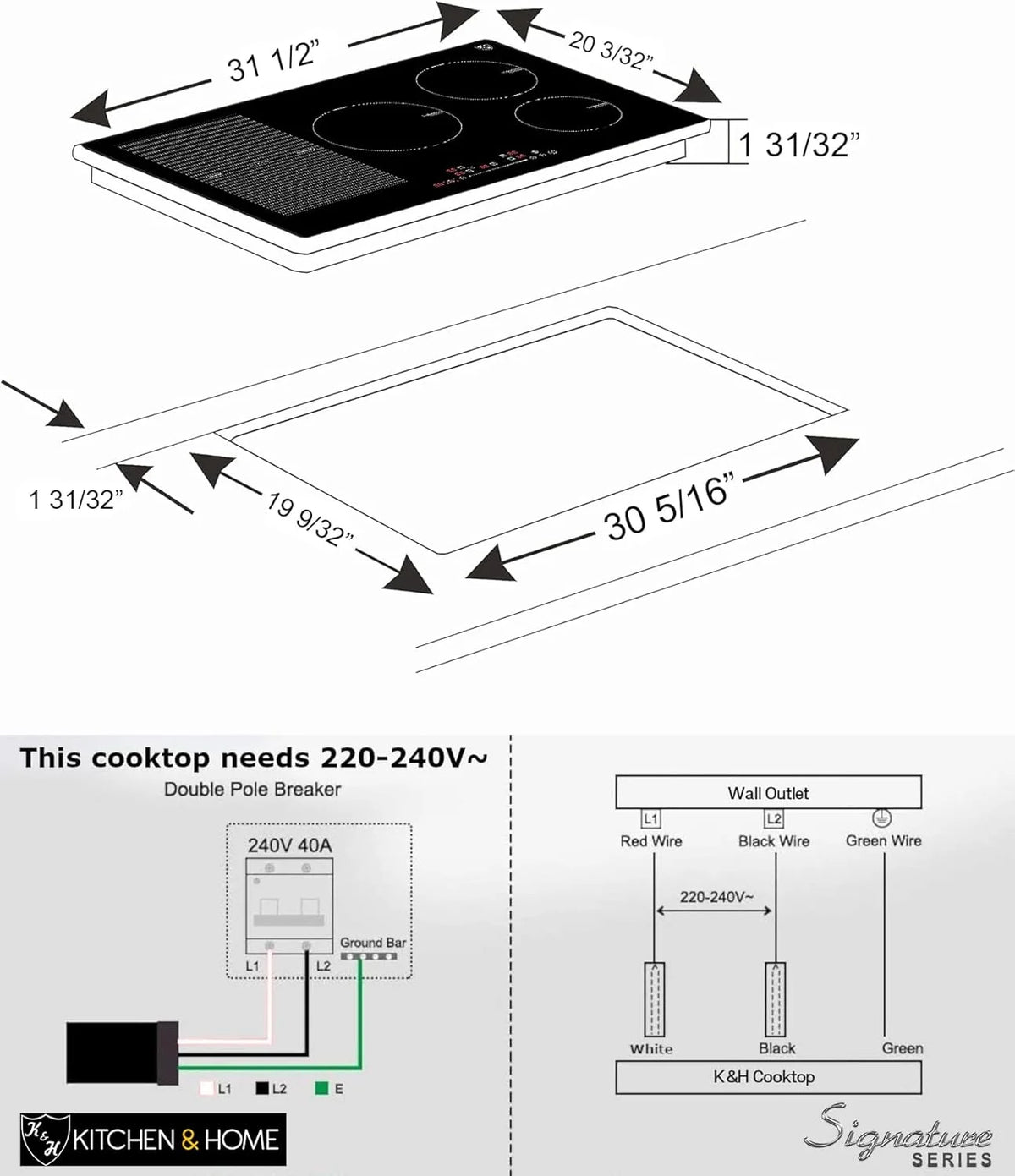 K&H SIGNATURE SERIES 5 Burner 31.5 Inch Built-in Induction Electric Stove Top Ceramic Cooktop Touch Control 240V 9200W IN30-9200FLX