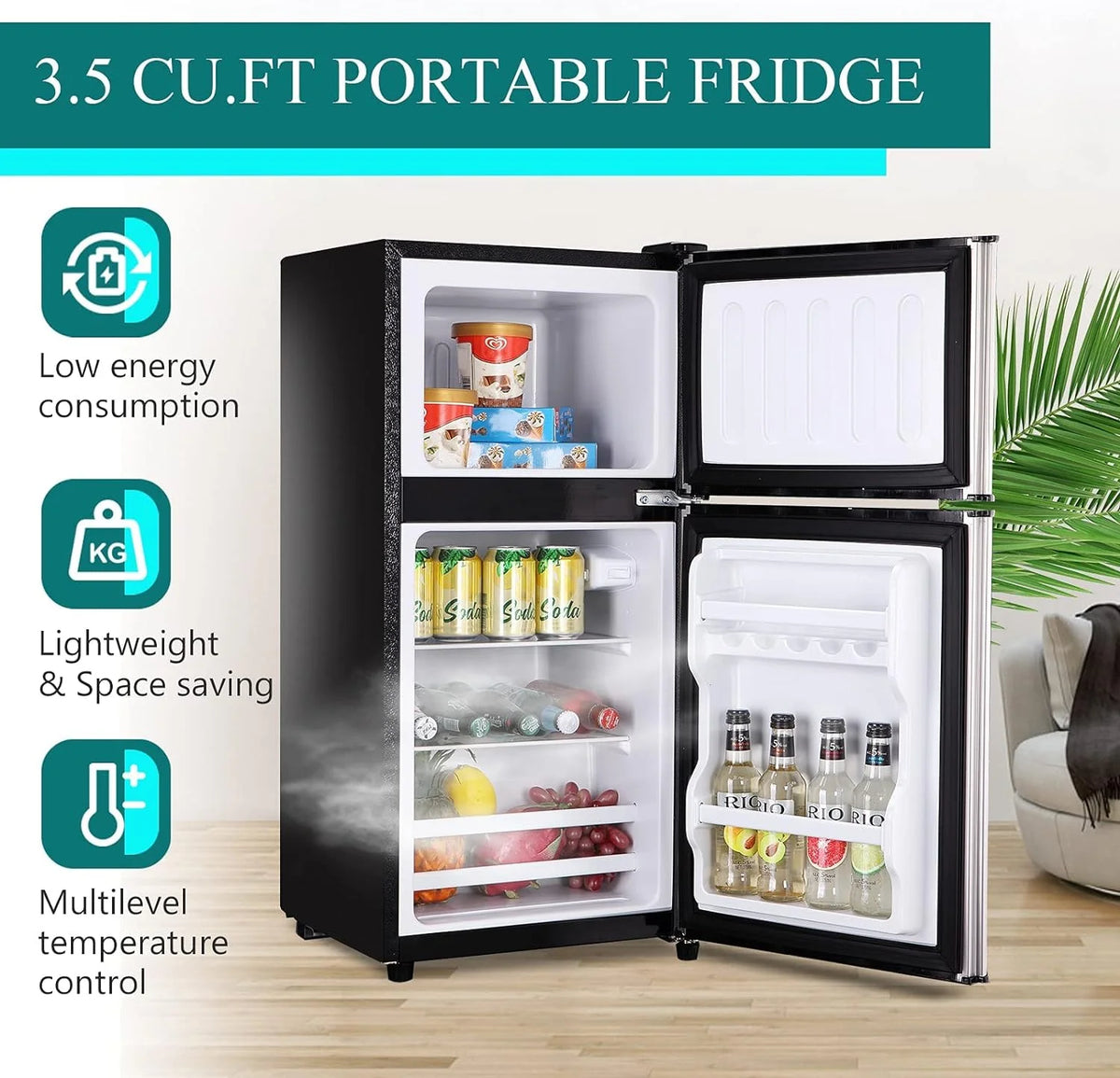 Harper & Bright Designs Double Door Mini Fridge with Freezer, 3.2 Cu.Ft Compact Refrigerator with Adjustable Shelf, Adjustable Thermostat and Reversible Door for Bedroom, Dorm, Home Office, White