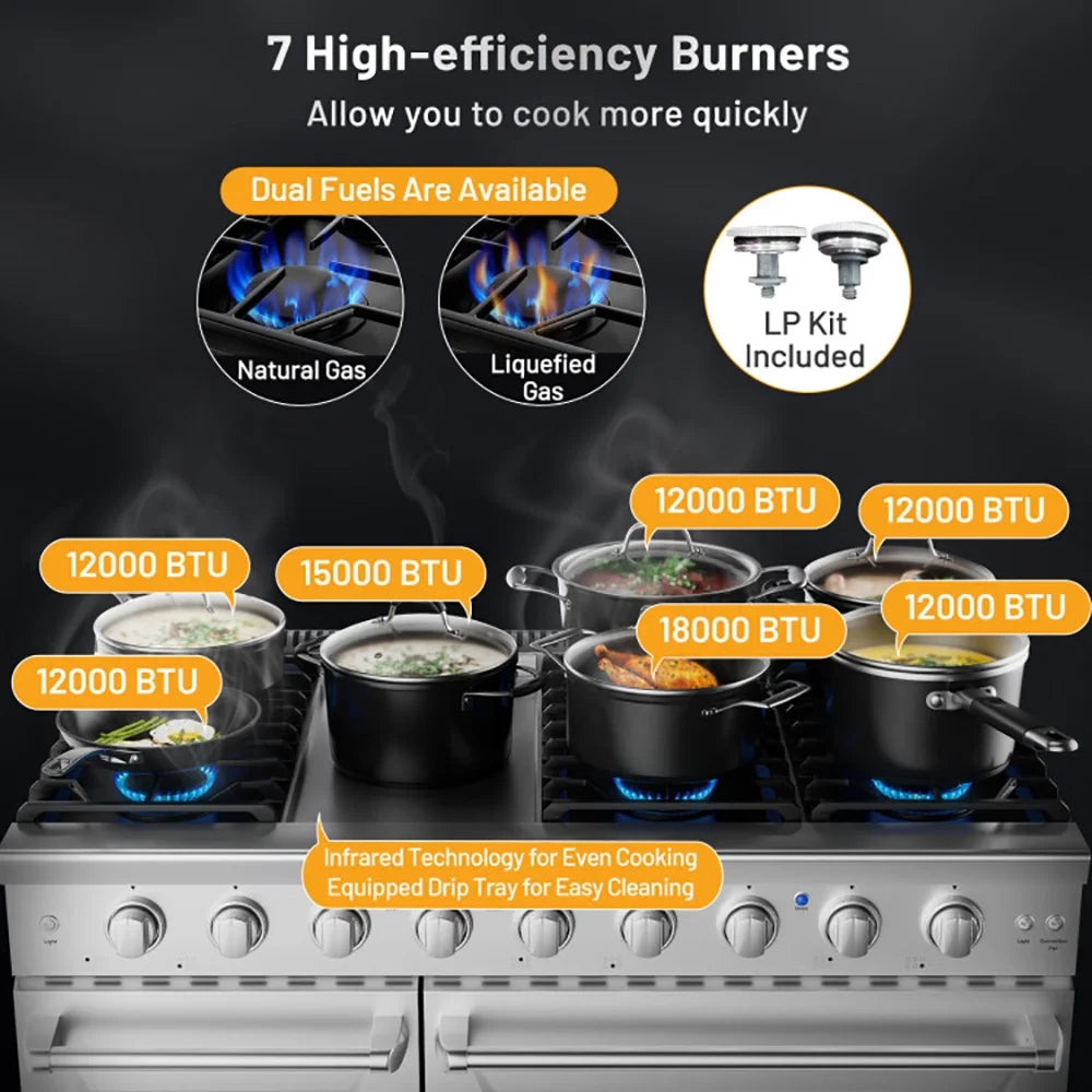 Spaco 48 Inches Freestanding Natural Gas Range with 7 Burners Cooktop, Gas Cooktop for Kitchen, Stainless Steel