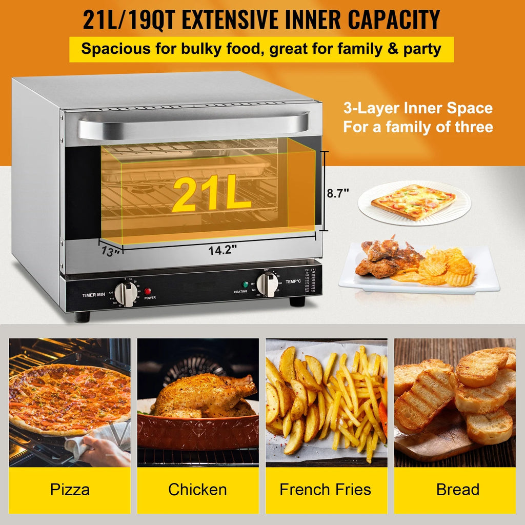 KFFKFF Commercial Convection Oven, 21L/19Qt, Quarter-Size Conventional Oven Countertop, 1440W 3-Tier Toaster w/ Front Glass Door, Electric Baking Oven w/ Trays Wire Racks Clip Gloves