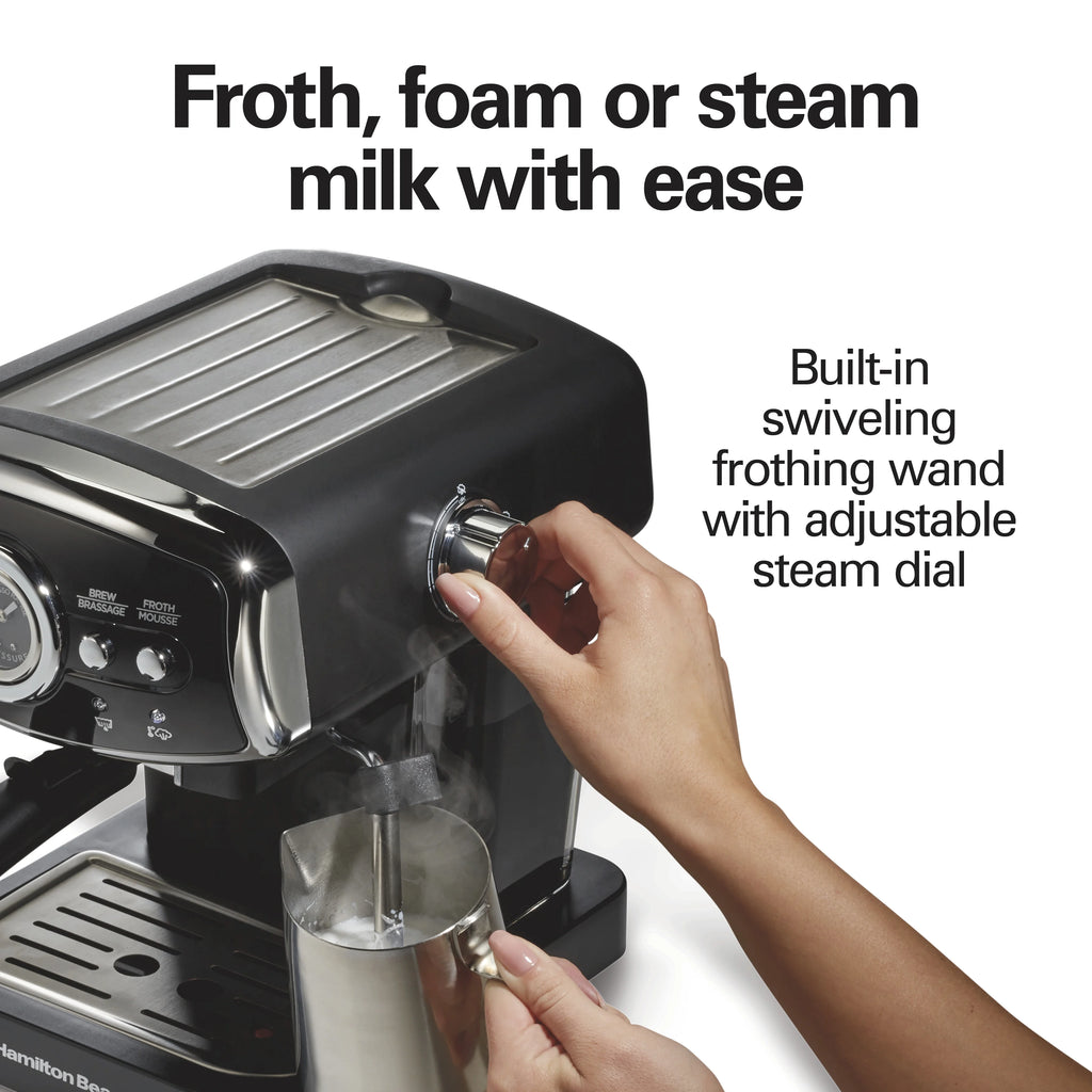Hamilton Beach 15-Bar, 2 Cup Espresso Machine, Slide & Lock Espresso Maker with Milk Frother, Black & Chrome