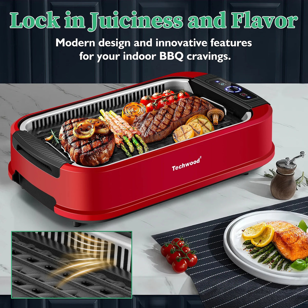 Techwood Indoor Smokeless Grill, 1500W, Black, Electric Portable Korean BBQ Grill with Tempered Glass Lid