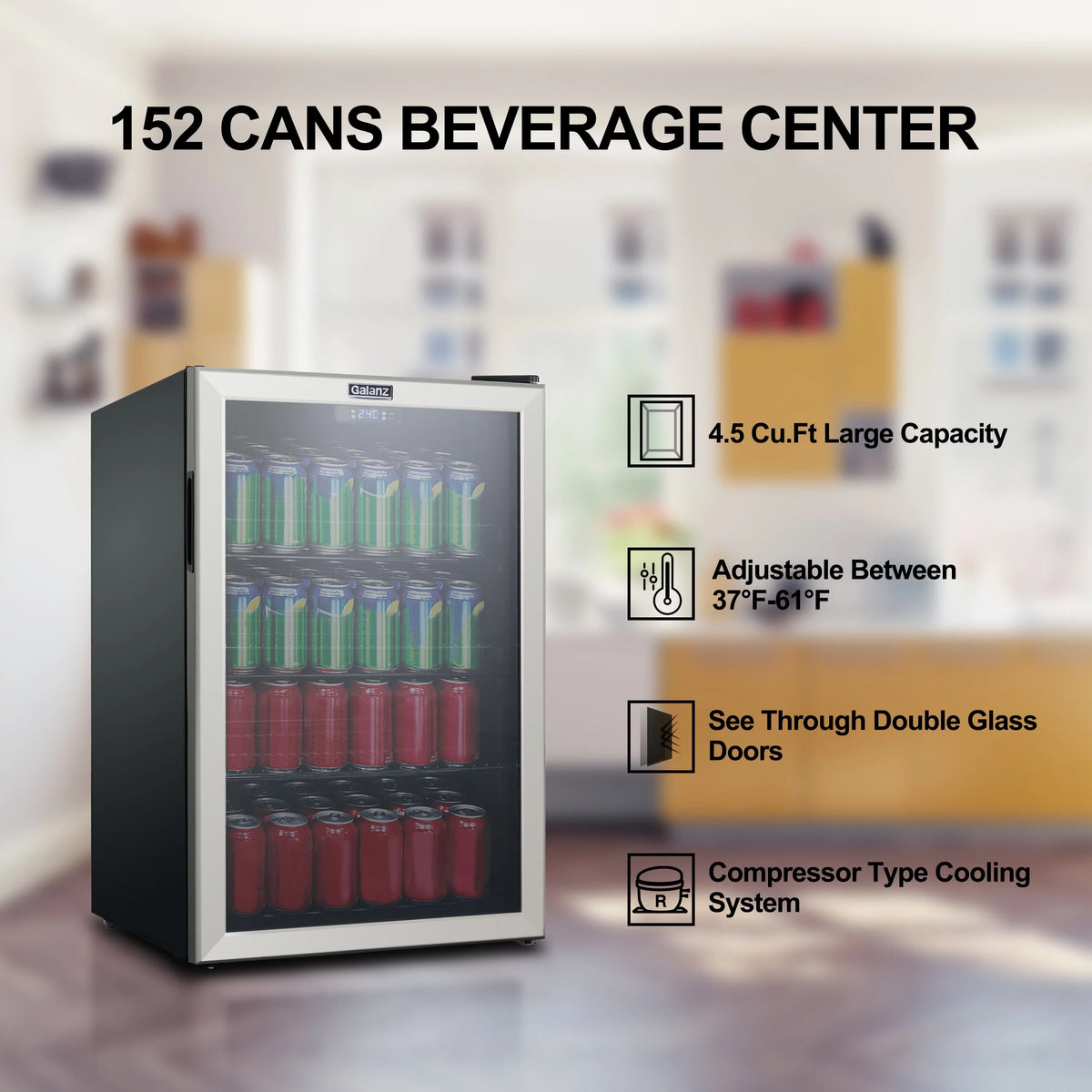 Galanz 4.5 Cu ft 152 Can Beverage Center Mini Fridge, Stainless Steel, New