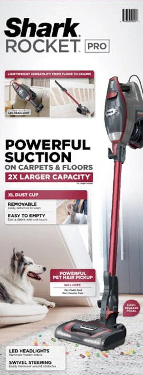 Shark Rocket Pro Corded Stick Vacuum, Removable Hand Vacuum, Hardwood Floors and Carpet, Advanced Swivel Steering, Pet-Friendly, XL Capacity, Ultra-Lightweight, HV370 Comet Red