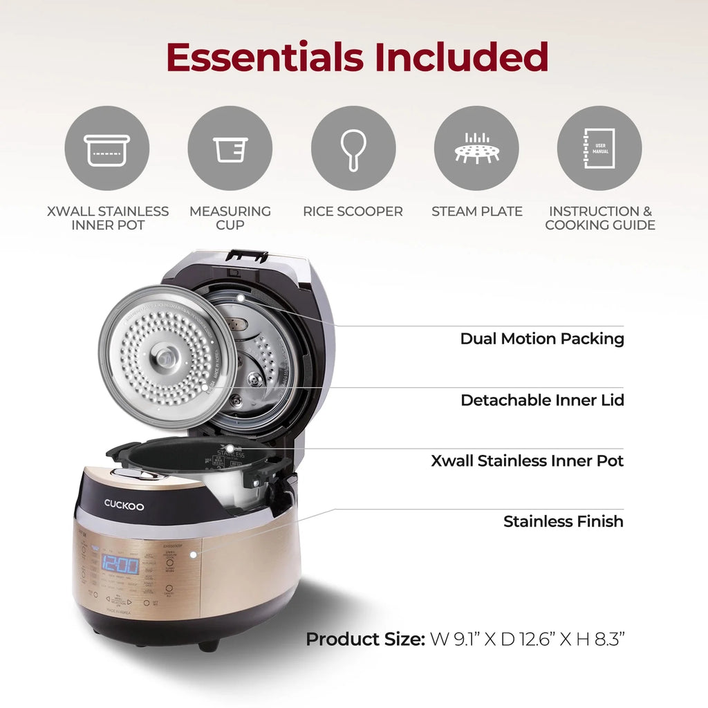 Cuckoo 3 Cup Dry Induction Heating Pressure Rice Cooker with Micom Logic Tech, Nonstick Pot, Warmer, 16 Menu Modes and Voice Guide in Gold (CRP-EHSS0309FG)