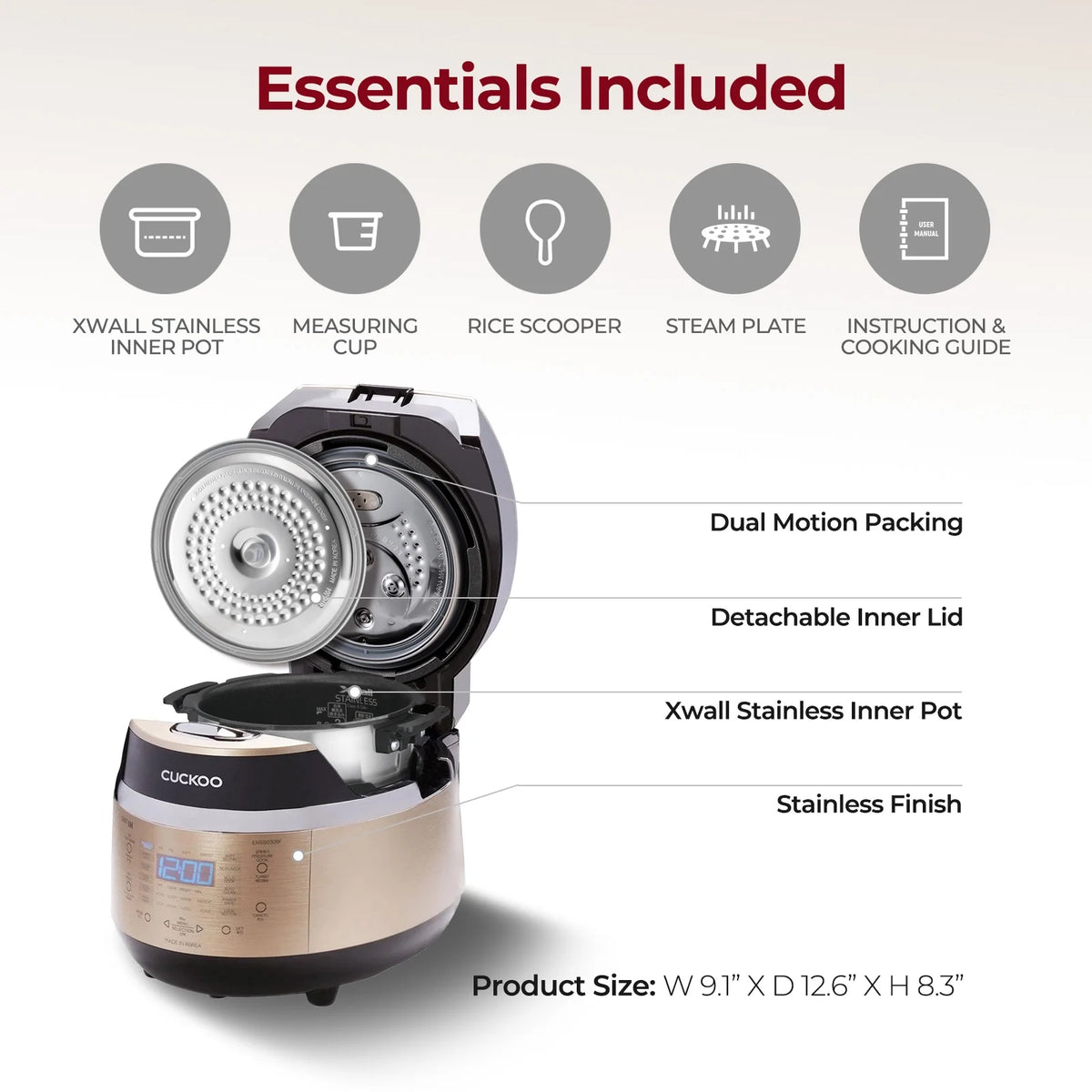 Cuckoo 3 Cup Dry Induction Heating Pressure Rice Cooker with Micom Logic Tech, Nonstick Pot, Warmer, 16 Menu Modes and Voice Guide in Gold (CRP-EHSS0309FG)