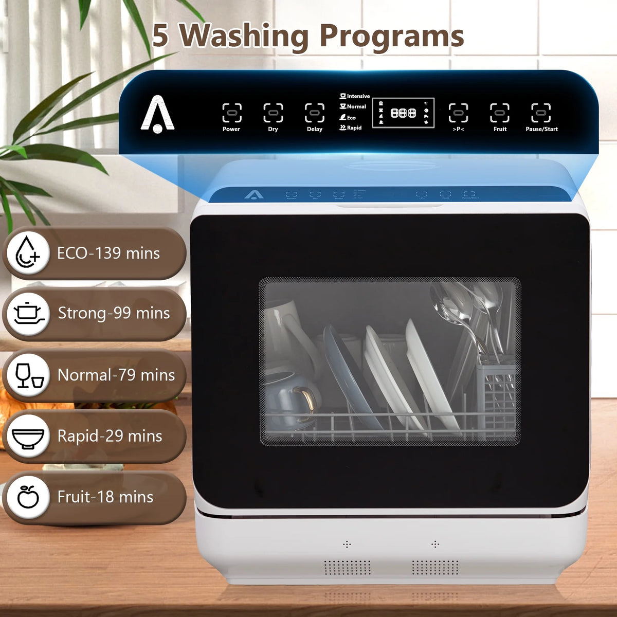 Danolapsi Portable Dishwasher,Countertop Dishwasher with 5L Water Tank, Dual Sprays,5 Programs,149�?High Temp & Air Dry, Mini Dishwasher for RVs & Apartments
