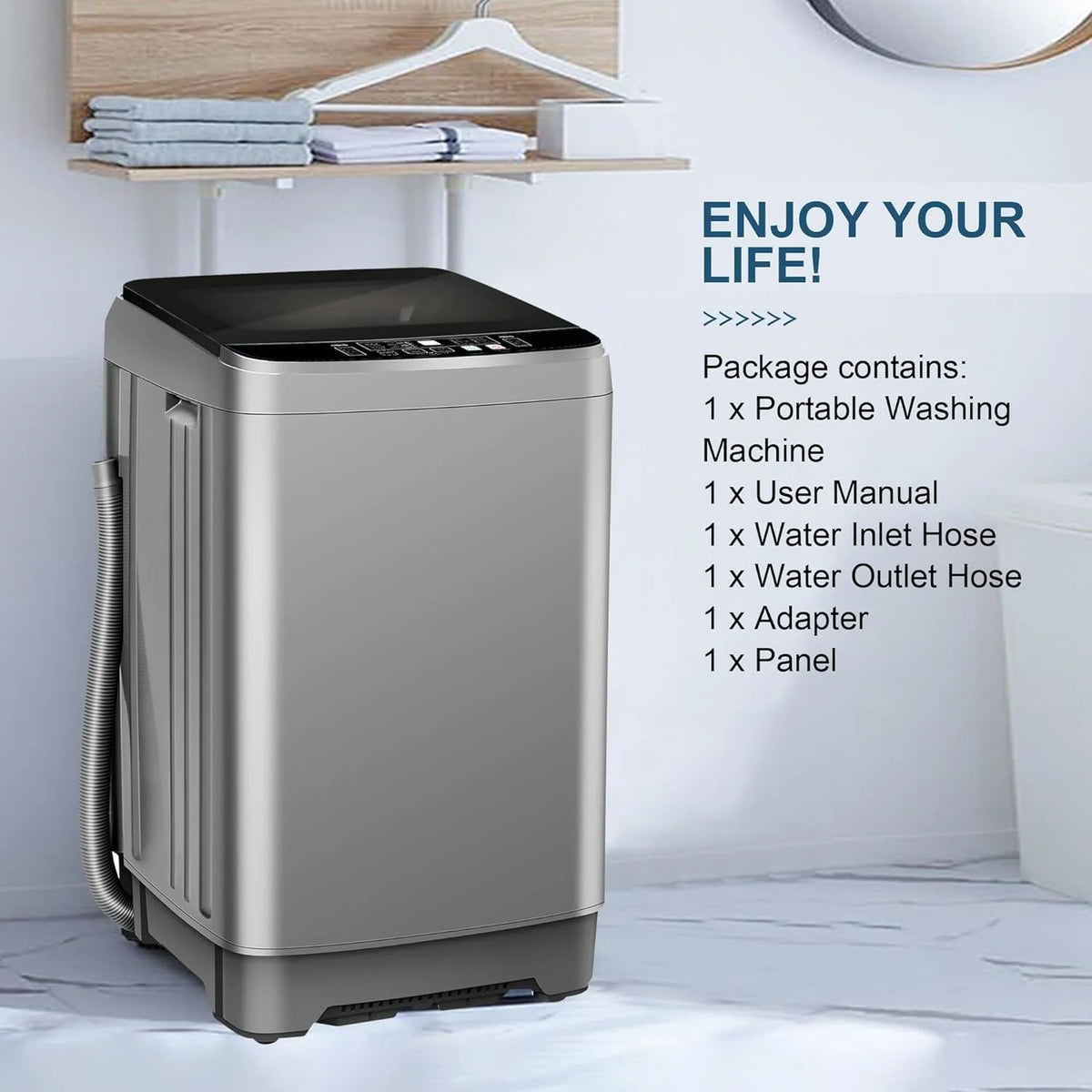 Kcpolre Portable Washing Machine, 25 lbs Full Automatic Washer with 10 Programs & 8 Water Levels, Top Load Clothes Washing Machines with LED Display for Home, Apartment, Grey