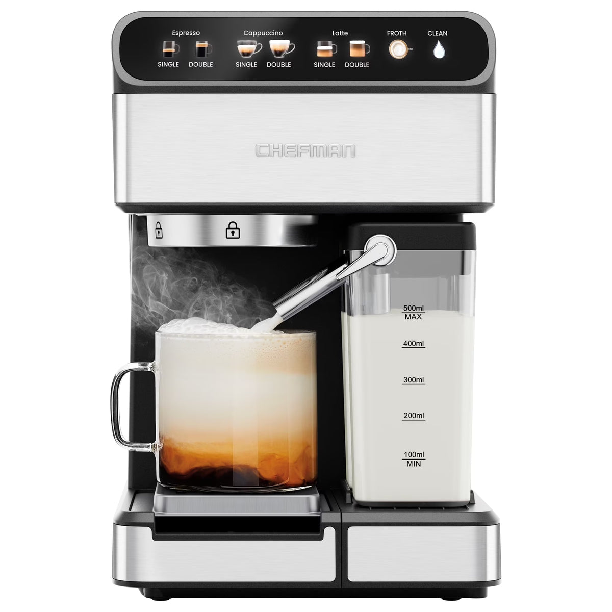 Chefman Caf��Master Pro Espresso Machine w/ Milk Frother for Cappuccinos & Lattes �C Stainless Steel