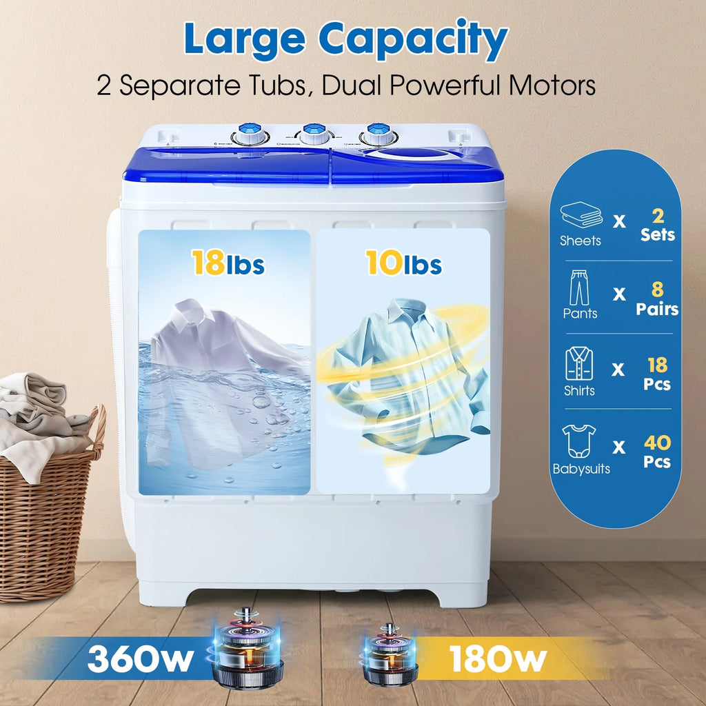 Clickoods 28lbs Portable Washing Machine Twin Tub, Compact Washer with Drain Pump, Semi-Automatic washer dryer combo, Blue