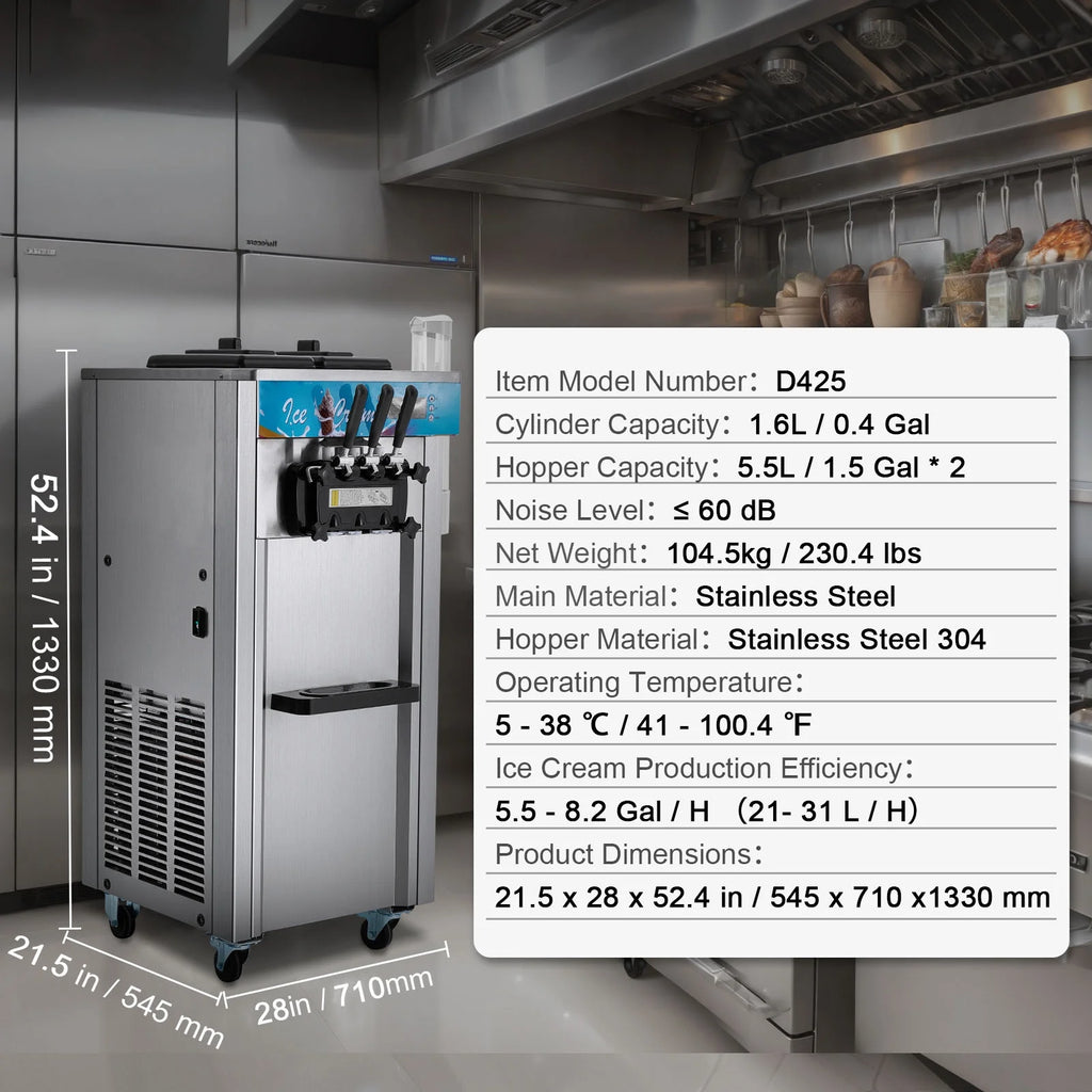 KFFKFF 3-Flavor Commercial Ice Cream Machine 21-31 L/H Soft Serve Ice Cream Maker 2 5.5L*2 Cylinder LED Panel and Auto Clean