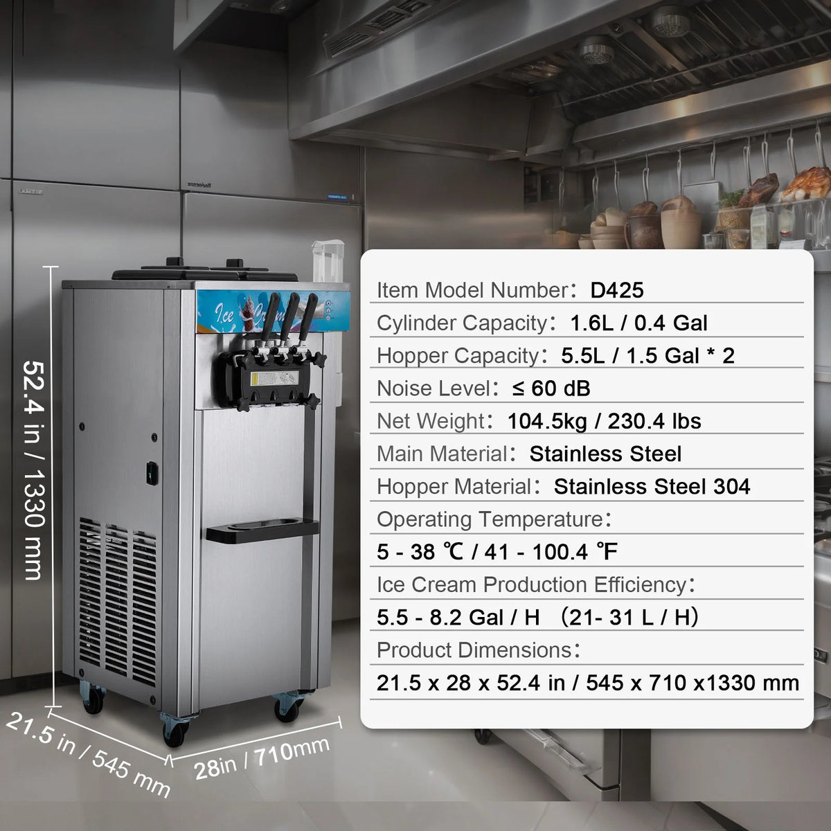 KFFKFF 3-Flavor Commercial Ice Cream Machine 21-31 L/H Soft Serve Ice Cream Maker 2 5.5L*2 Cylinder LED Panel and Auto Clean