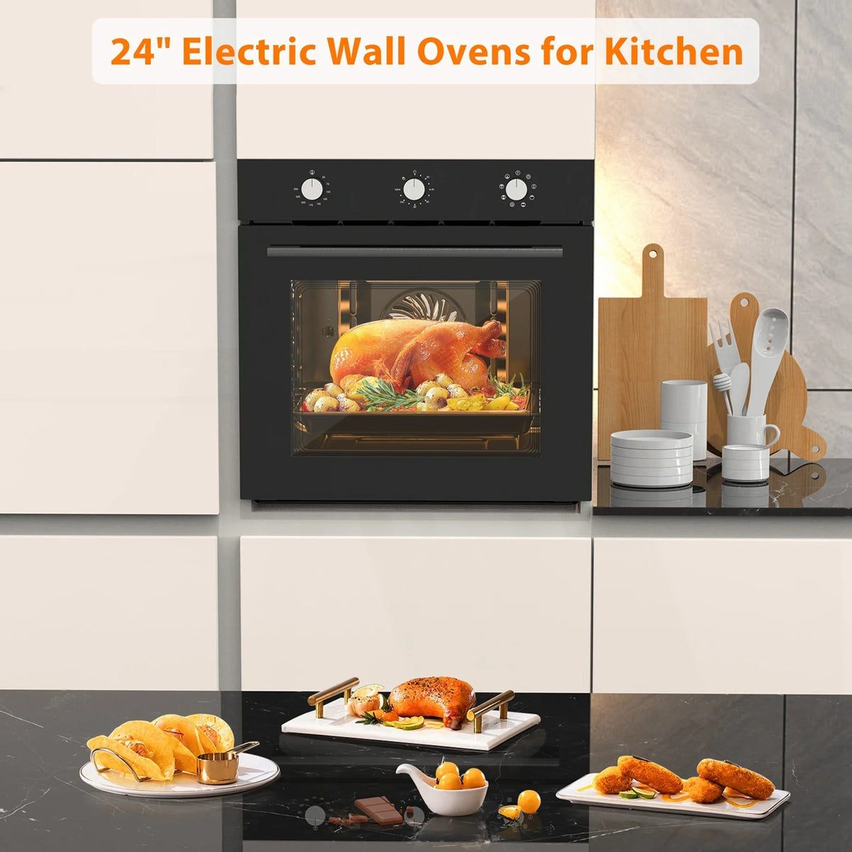 Aoile 24" Built-in Single Wall Convection Oven with 2.5 Cu.Ft. Capacity, 3000W Electric Oven with 7 Cooking Modes, Mechanical Knobs Control