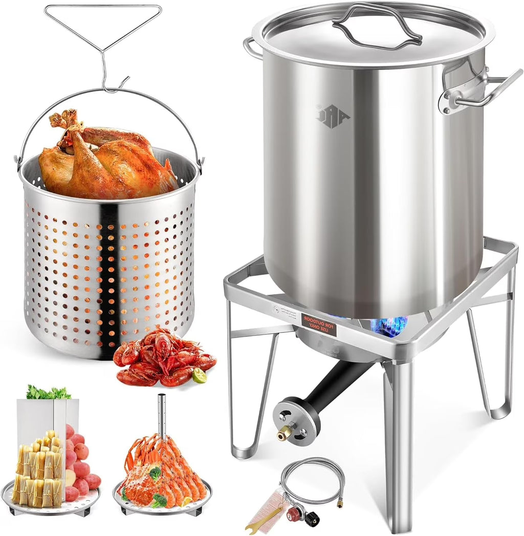 52QT Stainless Steel Turkey Fryer Pot and Burner Kit, Propane Burners, Tamale Steamer Pot with Basket, Steamer Rack, for Outdoor Cooking, Seafood Boil, Crawfish Boil, Home Brewing