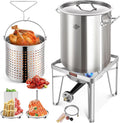 52QT Stainless Steel Turkey Fryer Pot and Burner Kit, Propane Burners, Tamale Steamer Pot with Basket, Steamer Rack, for Outdoor Cooking, Seafood Boil, Crawfish Boil, Home Brewing