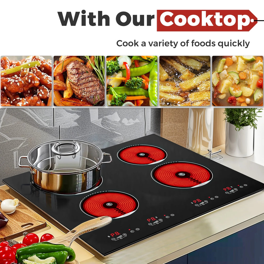 Advwin  4 Burner Electric Stove Top��24 Inch Built-in Electric Stove Top,6000W Electric Ceramic Cooktop with 4H Timer, Kid Safety Lock and Knob Control, 9 Heating Level,220v(No Plug)