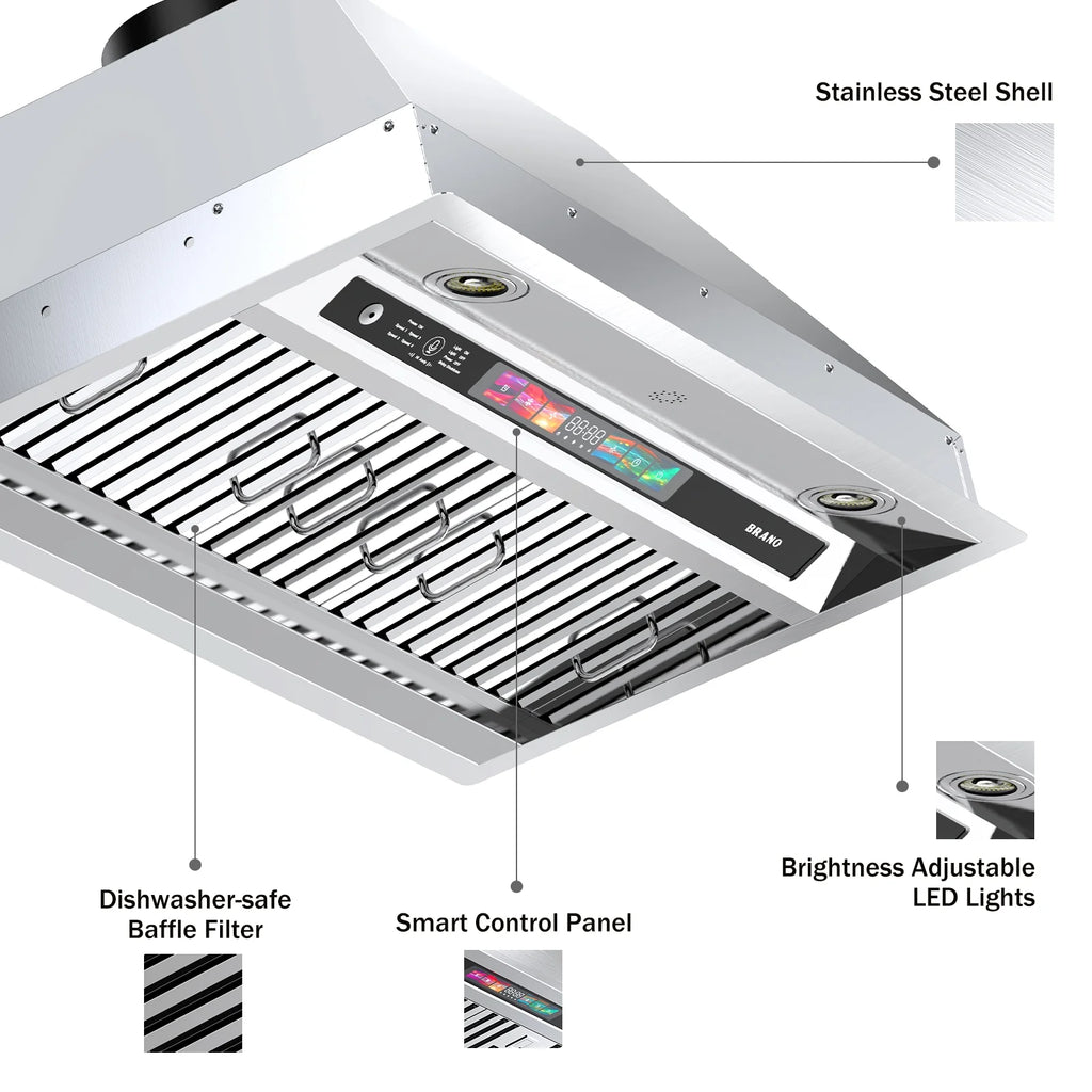 Brano 36-Inch Built-in Range Hood Insert , Voice/Gesture/Touch Control, 900 CFM, 4-Speed, Ducted/Ductless, Adjustable Lights