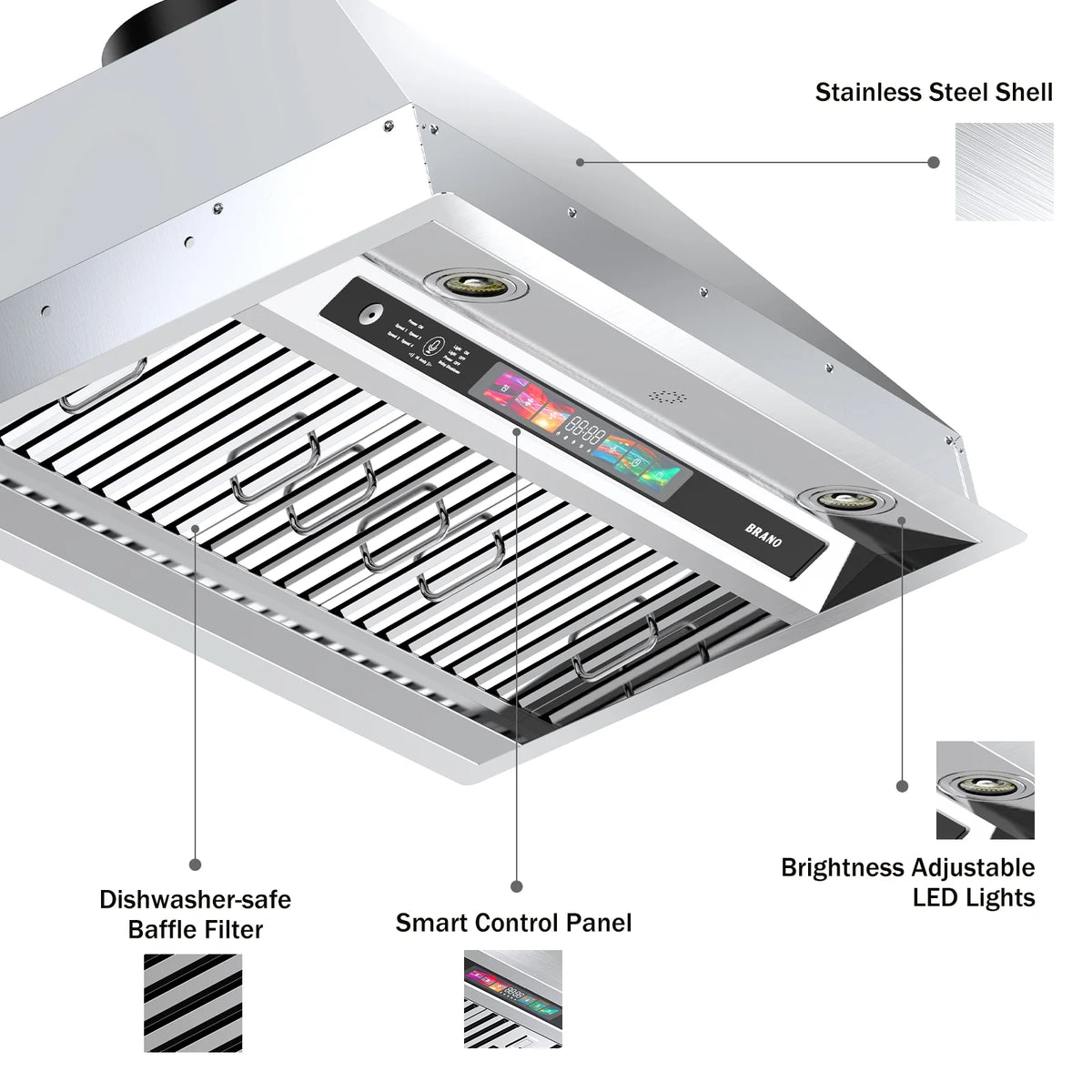 Brano 36-Inch Built-in Range Hood Insert , Voice/Gesture/Touch Control, 900 CFM, 4-Speed, Ducted/Ductless, Adjustable Lights