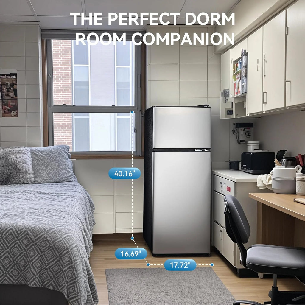 GGTB 3.5 Cu.Ft Fridge with Freezer, Double Door Refrigerator with 6 Level Thermostat, LED Light, Adjustable Glass Shelves for Bedroom, Office, Dorm, Apartment, Silver