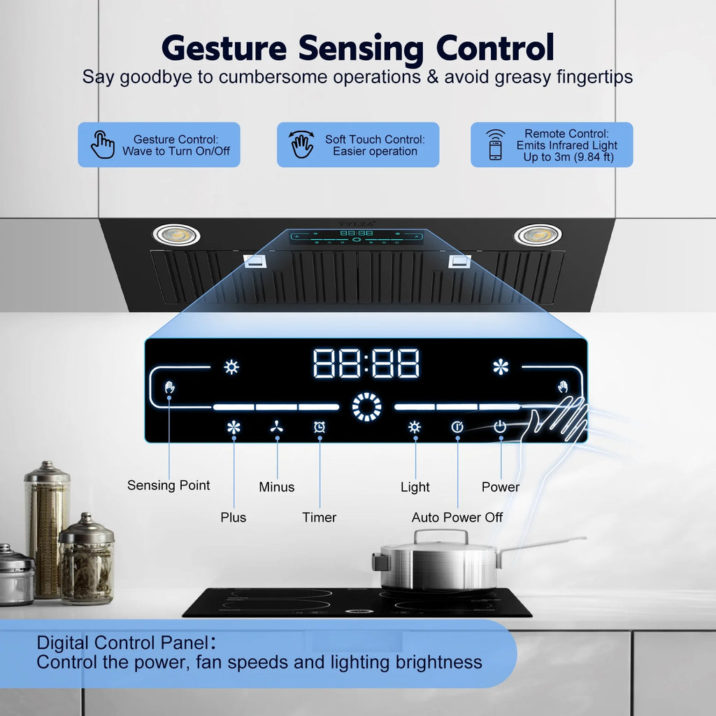 30" Under Cabinet Range Hood Kitchen Stove Vent Hood, with 900 CFM, 4 Speed Gesture Sensing&Touch Control Panel