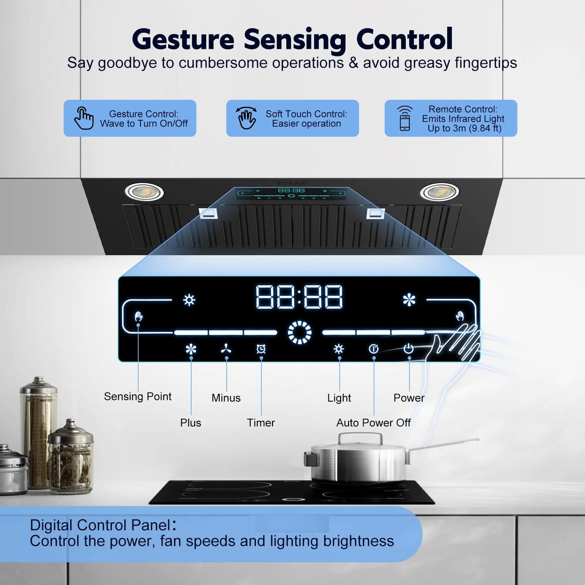 30" Under Cabinet Range Hood Kitchen Stove Vent Hood, with 900 CFM, 4 Speed Gesture Sensing&Touch Control Panel