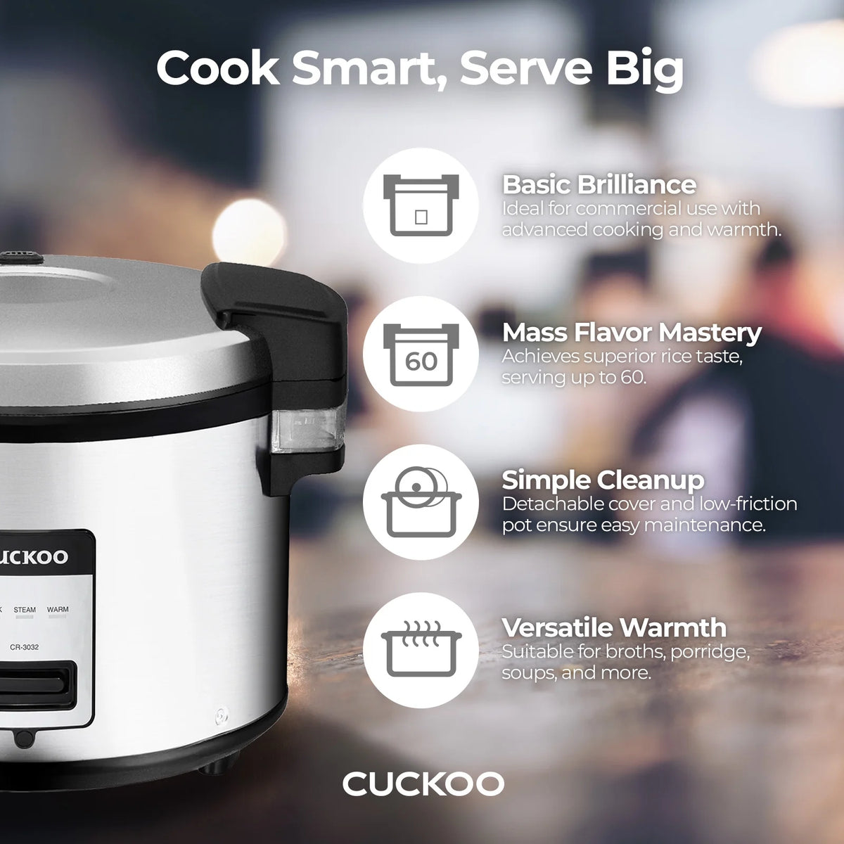 Cuckoo Stainless Steel Rice Cooker 60 Cups Cooked Warmer with Nonstick Pot Easy Switch Start Silver/Black (CR-3032)
