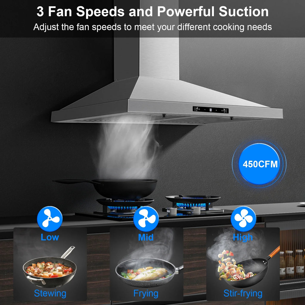 New 30 Inch Stainless Wall-Mounted Kitchen Range Hood 3-Speed Fan Exhaust Vent Gesture/Touch 120V