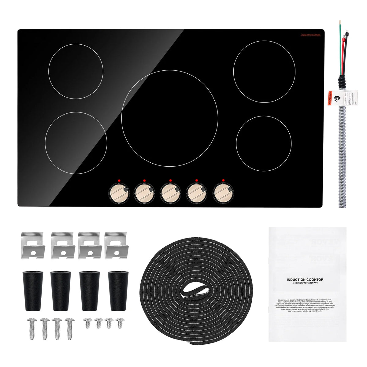 KFFKFF 5 Burner Electric Cooktop, 9200W 36" Ceramic Glass Stove Top Burner, Built In or Countertop, with Control Knobs, 12 Heat Levels, Glass Top, Automatic Power-Off for Indoor Outdoor Cooking
