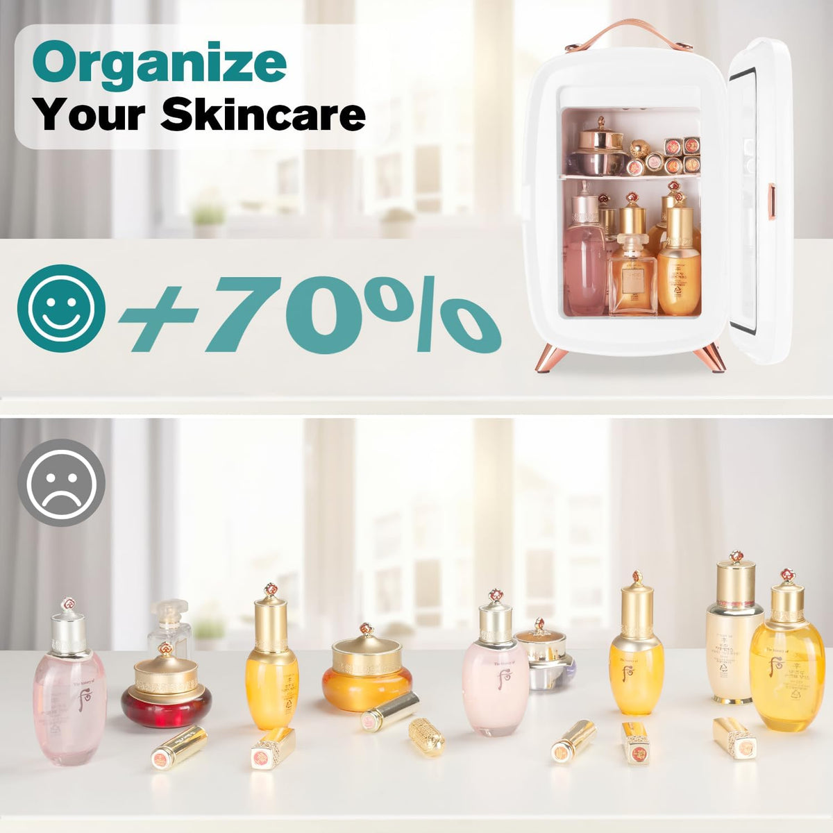 Skincare Fridge 6L White with Dimmable LED Mirror, Portable for Bedroom Car Office Dorm